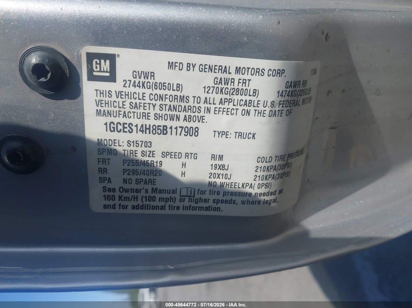2005 Chevrolet Ssr VIN 1GCES14H85B117908 IAAI salvage auction — REAR END, Salvage (California), sold $10,075 on 2026-08-13 (photo 9)