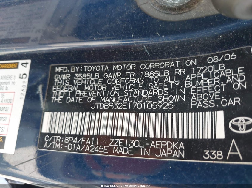 2007 Toyota Corolla VIN JTDBR32E170105925 IAAI salvage auction — NORMAL WEAR, Clear (New York), sold $125 on 2026-07-28 (photo 9)