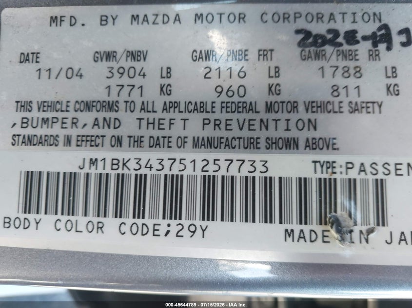 2005 Mazda 3 VIN JM1BK343751257733 IAAI salvage auction — NORMAL WEAR, Clear - Dealer Only (California), sold $25 on 2026-07-29 (photo 9)
