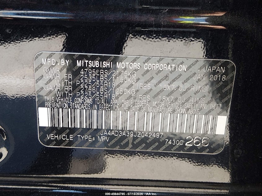 2018 Mitsubishi Outlander VIN JA4AD3A39JZ042497 IAAI salvage auction — FRONT END, Salvage (California), sold $2,000 on 2026-08-01 (photo 9)