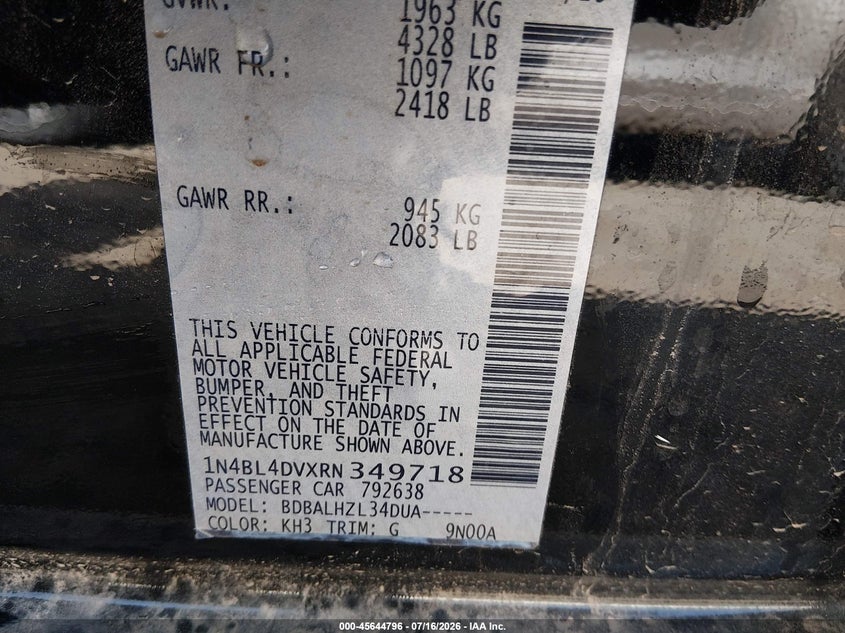 2024 Nissan Altima VIN 1N4BL4DVXRN349718 IAAI salvage auction — NORMAL WEAR, Enterprise Vehicles Clear Only (California), sold $12,600 on 2026-07-30 (photo 9)