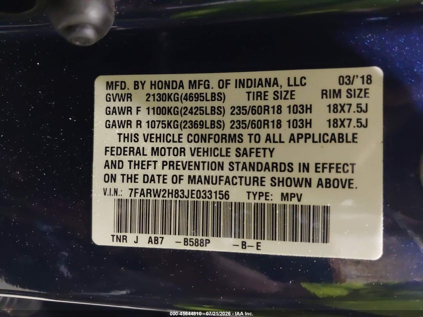 2018 Honda Cr-v VIN 7FARW2H83JE033156 IAAI salvage auction — SIDE, Salvage Title, sold $6,000 on 2026-08-02 (photo 9)