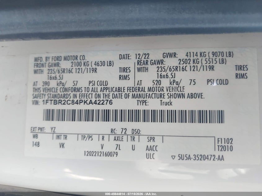 2023 Ford Transit VIN 1FTBR2C84PKA42276 IAAI salvage auction — NORMAL WEAR, Enterprise Vehicles Clear Only (Washington), sold $11,200 on 2026-07-18 (photo 9)