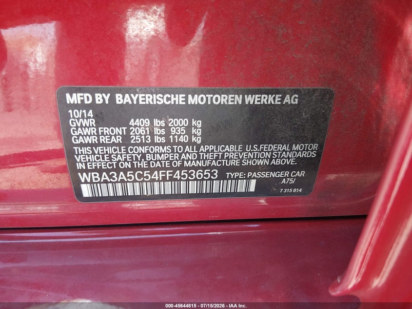 2015 BMW 3er VIN WBA3A5C54FF453653 IAAI salvage auction — RIGHT REAR, Salvage (California), sold $2,150 on 2026-07-29 (photo 9)