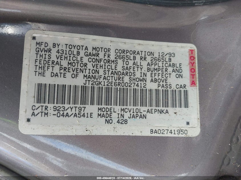 1994 Toyota Camry VIN JT2GK12E6R0027412 IAAI salvage auction — NORMAL WEAR, Clear (Hawaii), sold $125 on 2026-07-28 (photo 9)