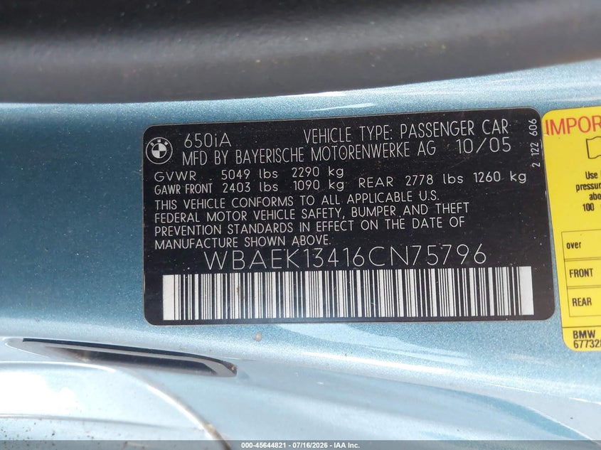 2006 BMW 6 series VIN WBAEK13416CN75796 IAAI salvage auction — NORMAL WEAR, Salvage Title - Dealer (California), sold $375 on 2026-08-04 (photo 9)
