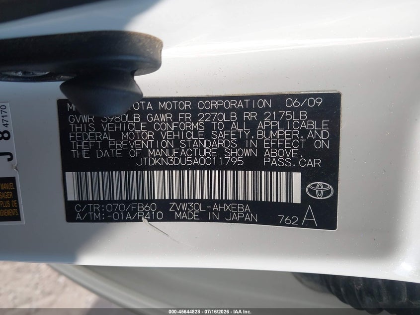 2010 Toyota Prius VIN JTDKN3DU5A0011795 IAAI salvage auction — NORMAL WEAR, Clear (Kansas), sold $325 on 2026-07-22 (photo 9)