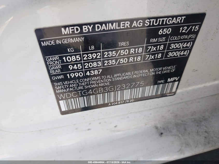 2016 Mercedes-benz Gla-klasse VIN WDCTG4GB3GJ232775 IAAI salvage auction — FRONT END, Salvage (California), sold $2,250 on 2026-08-19 (photo 9)