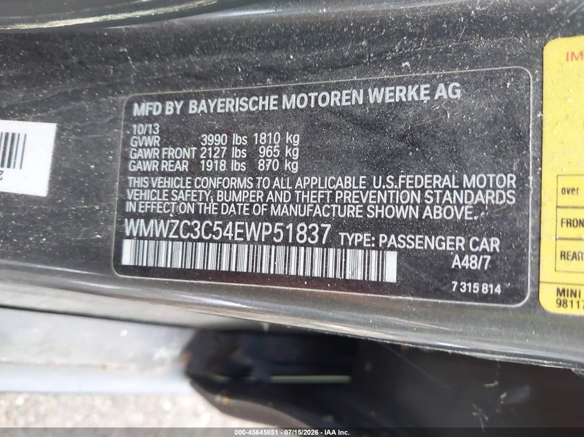 2014 Mini Countryman VIN WMWZC3C54EWP51837 IAAI salvage auction — NORMAL WEAR, Clear (Tennessee), sold $425 on 2026-07-30 (photo 9)