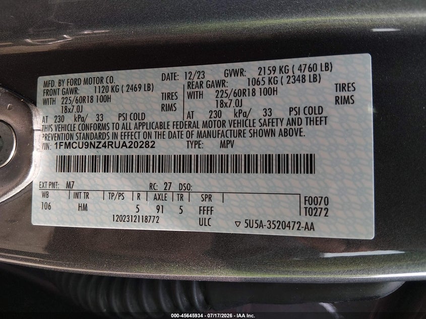 2024 Ford Escape VIN 1FMCU9NZ4RUA20282 IAAI salvage auction — SIDE, Clear (Maryland), sold $2,650 on 2026-07-29 (photo 9)