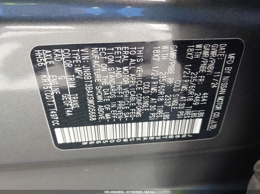 2025 Nissan Rogue VIN JN8BT3BAXSW005668 IAAI salvage auction — FRONT & REAR, Salvage (California), sold $2,250 on 2026-07-30 (photo 9)