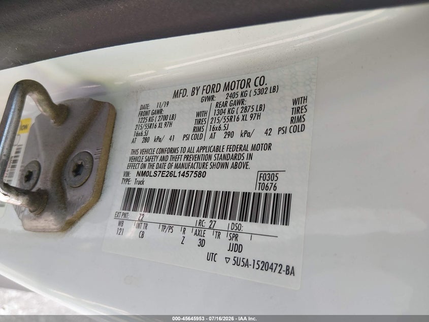 2020 Ford Transit connect VIN NM0LS7E26L1457580 IAAI salvage auction — FRONT END, Regular Certificate (Iowa), sold $25 on 2026-07-28 (photo 9)