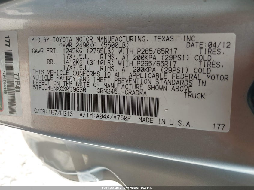 2012 Toyota Tacoma VIN 5TFUU4ENXCX039630 IAAI salvage auction — VANDALISM, Salvage (Pennsylvania), sold $1,800 on 2026-07-31 (photo 9)