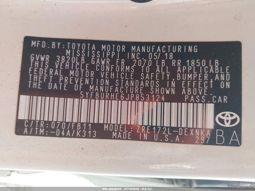 2018 Toyota Corolla VIN 5YFBURHE6JP853124 IAAI salvage auction — NORMAL WEAR, Clear (Florida), sold $1,600 on 2026-07-30 (photo 9)