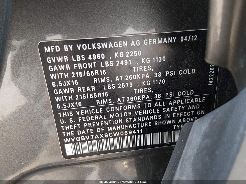2012 Volkswagen Tiguan VIN WVGBV7AX8CW089411 IAAI salvage auction — FRONT & REAR, Salvage Title, sold $250 on 2026-08-16 (photo 9)