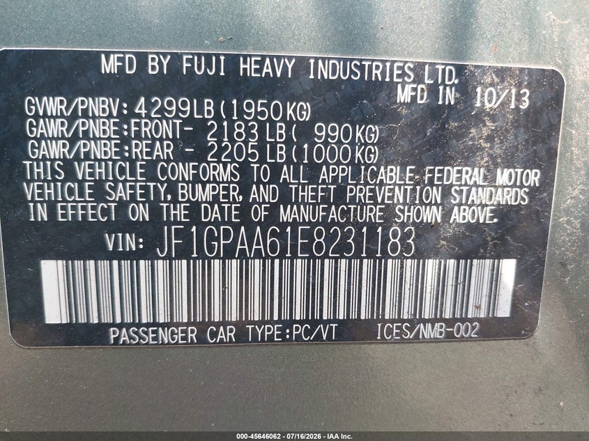 2014 Subaru Impreza VIN JF1GPAA61E8231183 IAAI salvage auction — NORMAL WEAR, Clear (Massachusetts), sold $1,800 on 2026-07-31 (photo 9)