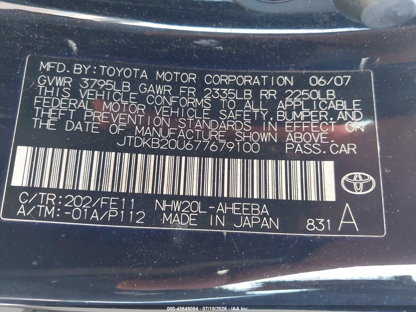 2007 Toyota Prius VIN JTDKB20U677679100 IAAI salvage auction — ELECTRICAL, Clear (Florida), sold $25 on 2026-07-29 (photo 9)