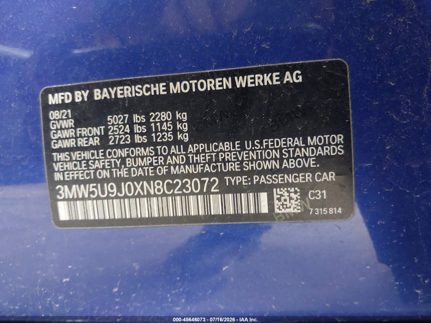 2022 BMW 3er VIN 3MW5U9J0XN8C23072 IAAI salvage auction — LEFT REAR, Salvage Title, sold $22,650 on 2026-08-12 (photo 9)