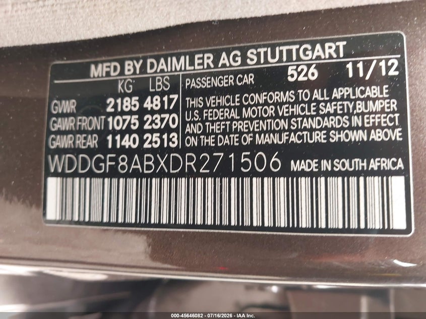 2013 Mercedes-benz C-klasse VIN WDDGF8ABXDR271506 IAAI salvage auction — RIGHT FRONT, Salvage (Idaho), sold $1,100 on 2026-08-12 (photo 9)