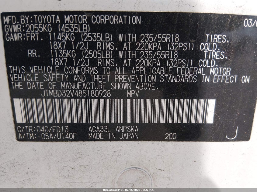 2008 Toyota Rav4 VIN JTMBD32V485180928 IAAI salvage auction — NORMAL WEAR, Clear (New Jersey), sold $25 on 2026-07-30 (photo 9)