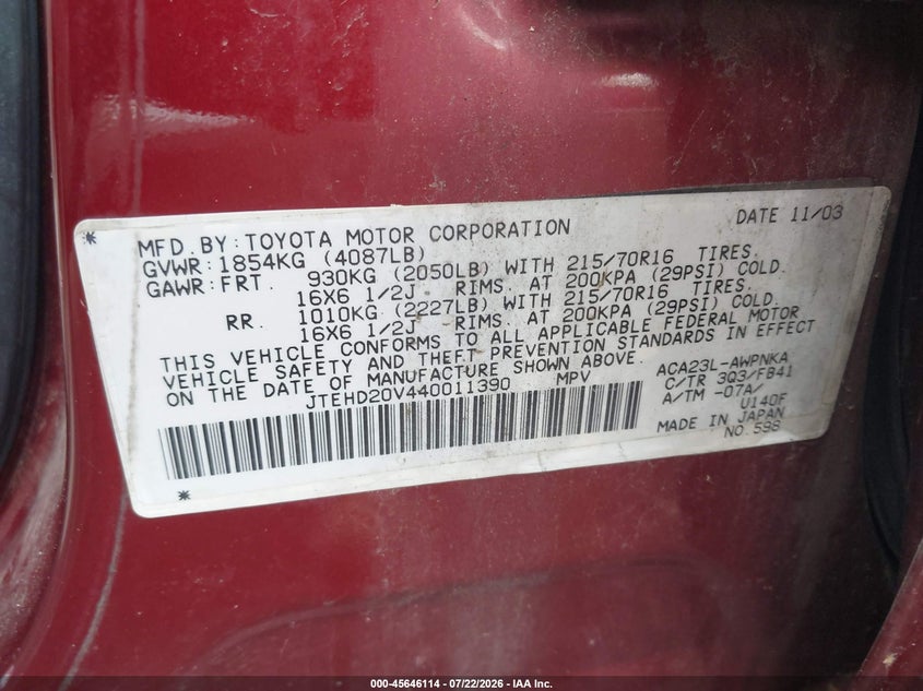 2004 Toyota Rav4 VIN JTEHD20V440011390 IAAI salvage auction — NORMAL WEAR, Clear (New York), sold $25 on 2026-07-29 (photo 9)