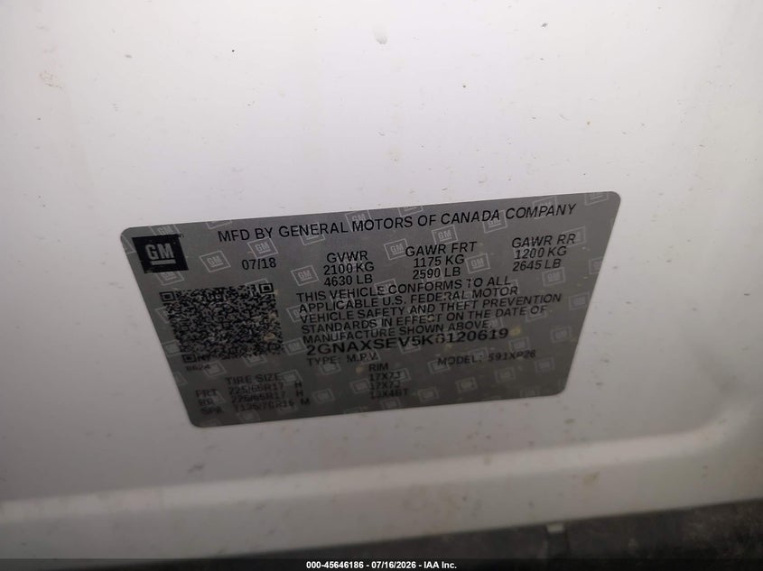 2019 Chevrolet Equinox VIN 2GNAXSEV5K6120619 IAAI salvage auction — REAR END, Salvage Title, sold $1,050 on 2026-09-02 (photo 9)