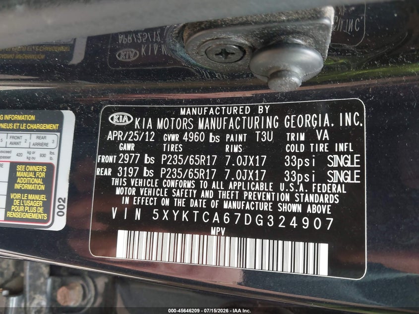 2013 Kia Sorento VIN 5XYKTCA67DG324907 IAAI salvage auction — REAR END, Clear (Massachusetts), sold $25 on 2026-07-21 (photo 9)
