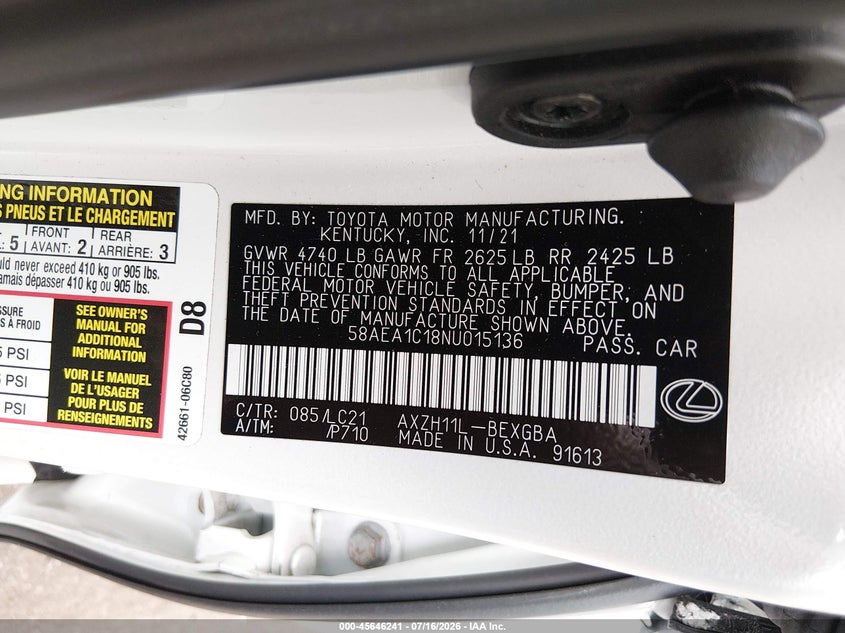 2022 Lexus ES VIN 58AEA1C18NU015136 IAAI salvage auction — FRONT END, Salvage (New Jersey), sold $9,100 on 2026-08-26 (photo 9)