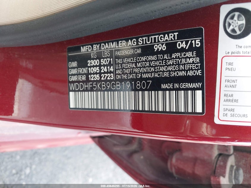 2016 Mercedes-benz E-class VIN WDDHF5KB9GB191807 IAAI salvage auction — FRONT END, Salvage (Louisiana), sold $425 on 2026-07-22 (photo 9)