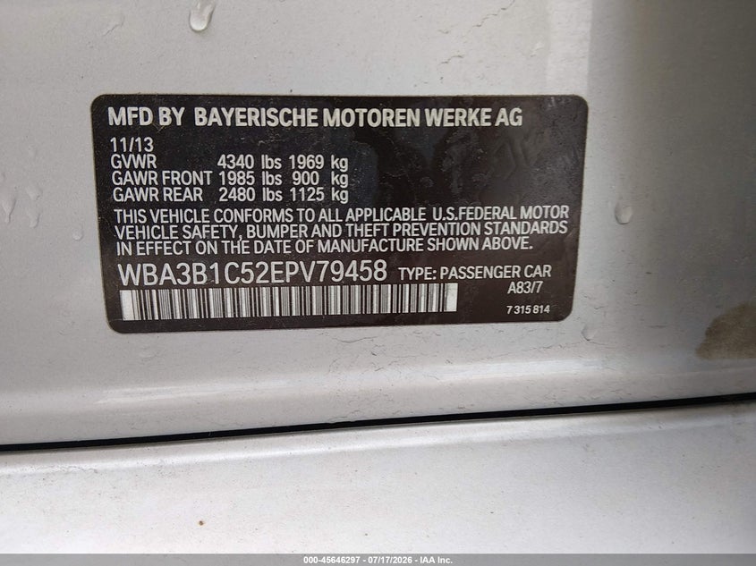 2014 BMW 3er VIN WBA3B1C52EPV79458 IAAI salvage auction — FRONT END, Salvage Title, sold $1,300 on 2026-08-12 (photo 9)