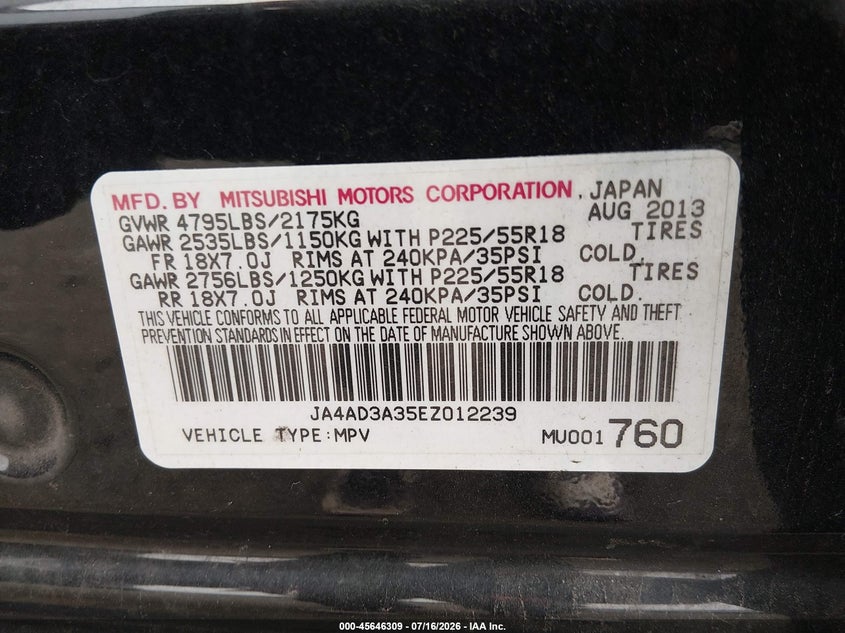 2014 Mitsubishi Outlander VIN JA4AD3A35EZ012239 IAAI salvage auction — NORMAL WEAR, Clear (New Jersey), sold $25 on 2026-07-30 (photo 9)