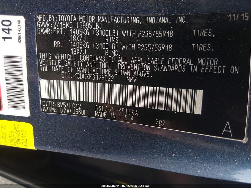 2015 Toyota Sienna VIN 5TDJK3DCXFS126022 IAAI salvage auction — NORMAL WEAR, Clear (Delaware), sold $5,425 on 2026-07-20 (photo 9)