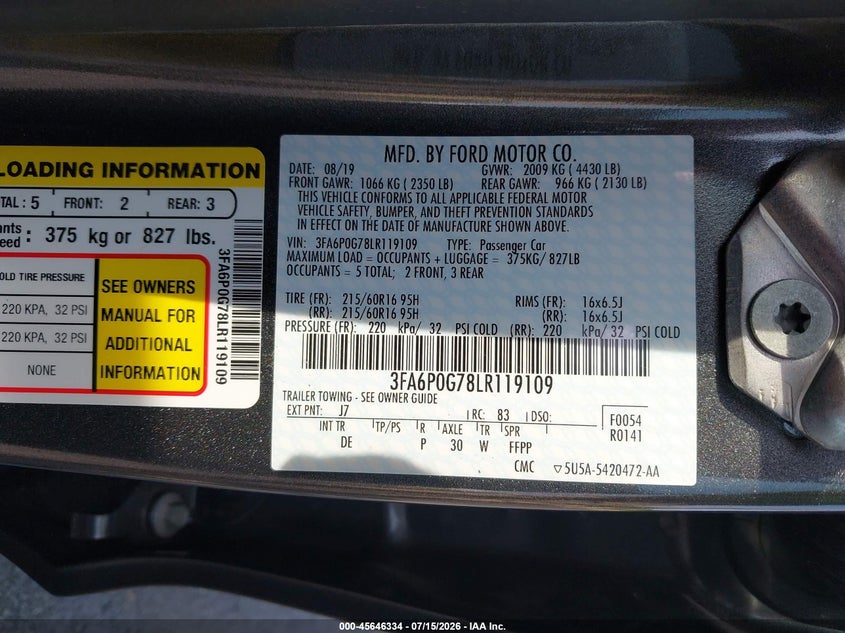 2020 Ford Fusion VIN 3FA6P0G78LR119109 IAAI salvage auction — NORMAL WEAR, SF97 (Virginia), sold $13,700 on 2026-07-22 (photo 9)
