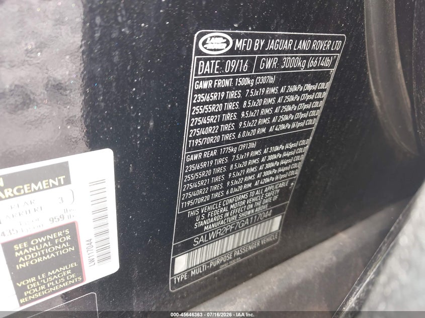 2016 Land rover Range rover sport VIN SALWR2PF7GA117044 IAAI salvage auction — RIGHT FRONT, Salvage Title, sold $1,600 on 2026-08-30 (photo 9)