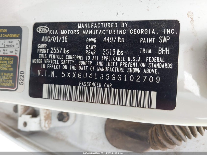 2016 Kia Optima VIN 5XXGU4L35GG102709 IAAI salvage auction — NORMAL WEAR, Original (Texas), sold $675 on 2026-07-30 (photo 9)