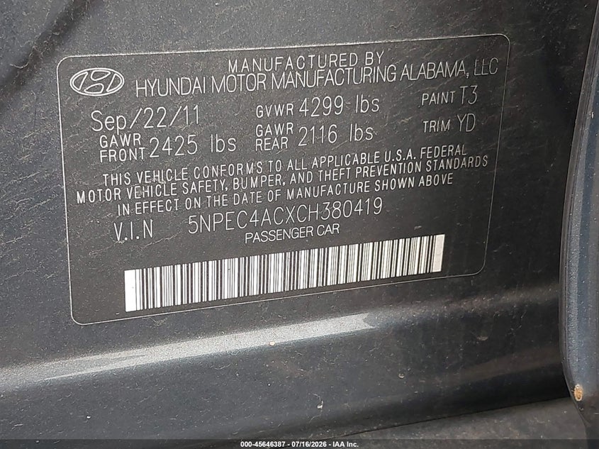 2012 Hyundai Sonata VIN 5NPEC4ACXCH380419 IAAI salvage auction — NORMAL WEAR, Clear (New Jersey), sold $575 on 2026-07-27 (photo 9)