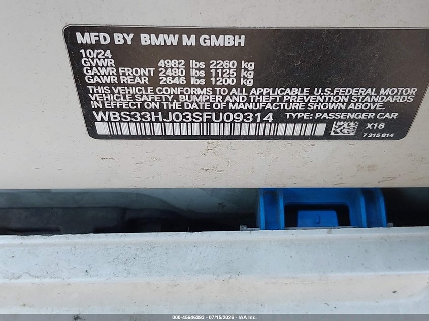 2025 BMW M3 VIN WBS33HJ03SFU09314 IAAI salvage auction — FRONT END, Salvage (California), sold $16,350 on 2026-07-28 (photo 9)
