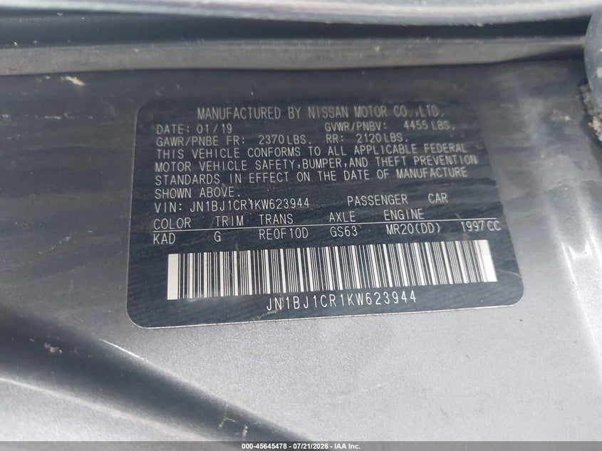 2019 Nissan Rogue sport VIN JN1BJ1CR1KW623944 IAAI salvage auction — NORMAL WEAR, Clear (Pennsylvania), sold $500 on 2026-07-28 (photo 9)