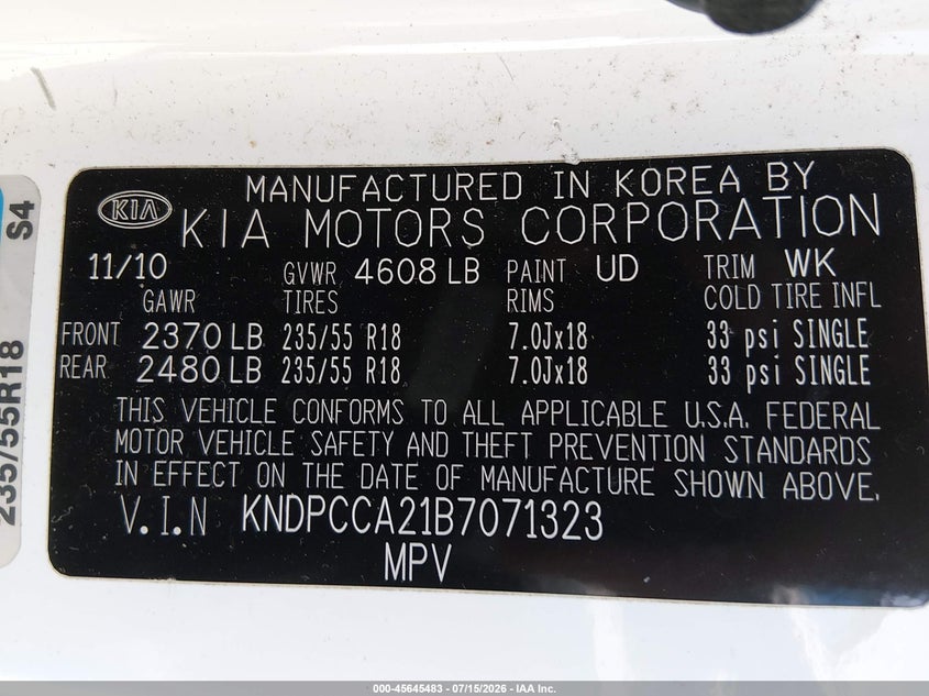 2011 Kia Sportage VIN KNDPCCA21B7071323 IAAI salvage auction — NORMAL WEAR, Clear (Washington), sold $1,800 on 2026-07-22 (photo 9)