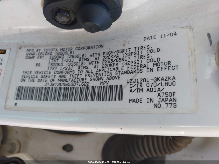 2005 Lexus Gx 470 VIN JTJBT20X650071622 IAAI salvage auction — NORMAL WEAR, Clear (Alabama), sold $25 on 2026-07-29 (photo 9)