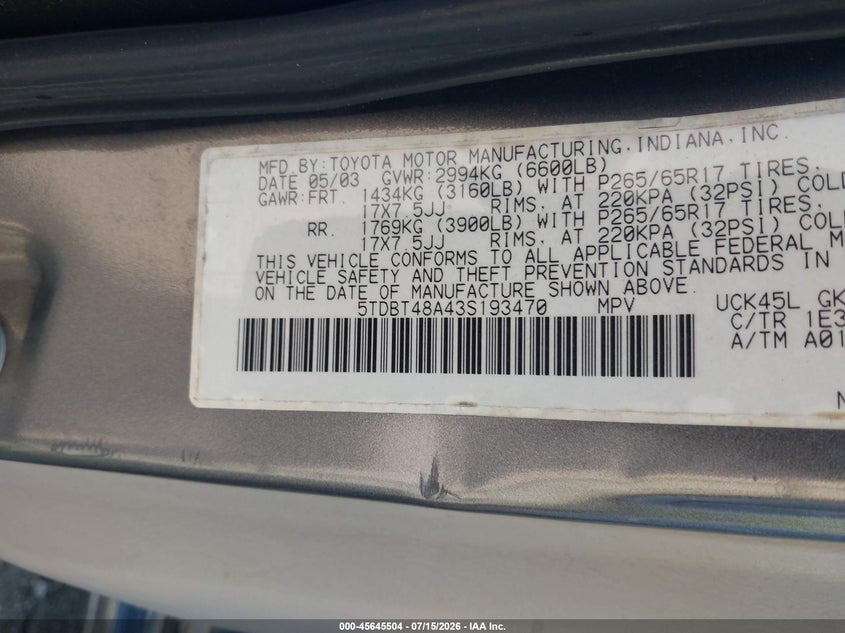 2003 Toyota Sequoia VIN 5TDBT48A43S193470 IAAI salvage auction — NORMAL WEAR, Clear (Pennsylvania), sold $1,050 on 2026-07-31 (photo 9)
