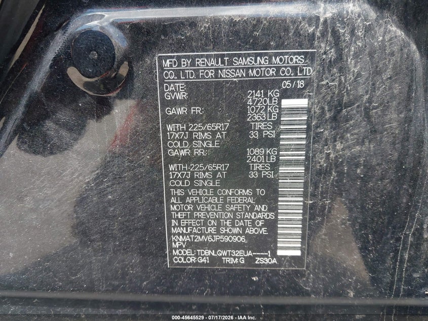 2018 Nissan Rogue VIN KNMAT2MV6JP590906 IAAI salvage auction — NORMAL WEAR, Clear (Missouri), sold $25 on 2026-07-28 (photo 9)