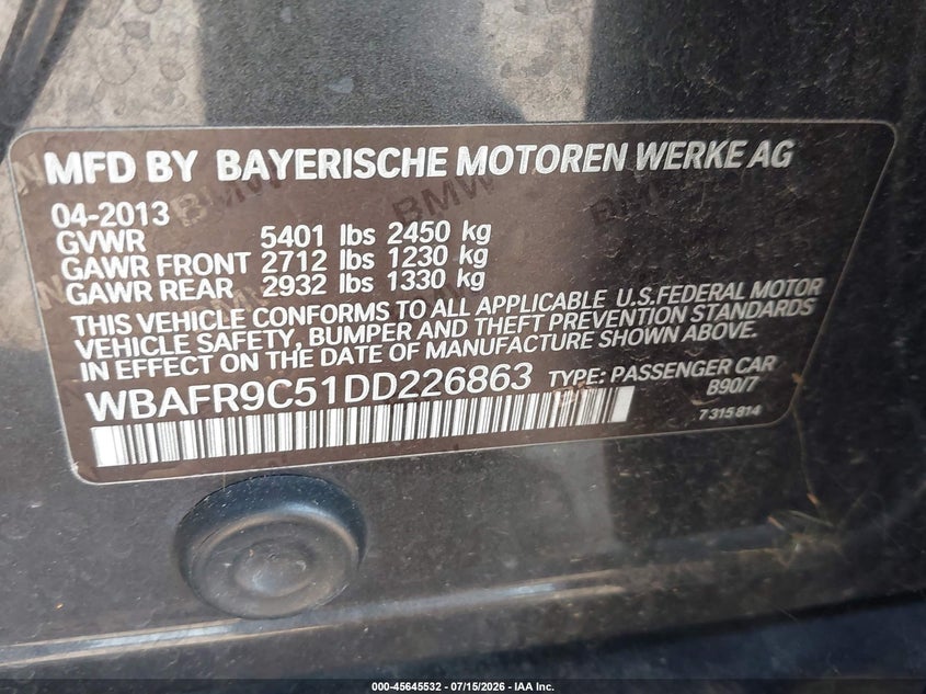 2013 BMW 5er VIN WBAFR9C51DD226863 IAAI salvage auction — NORMAL WEAR, Clear - Public Restricted (Oklahoma), sold $375 on 2026-07-29 (photo 9)