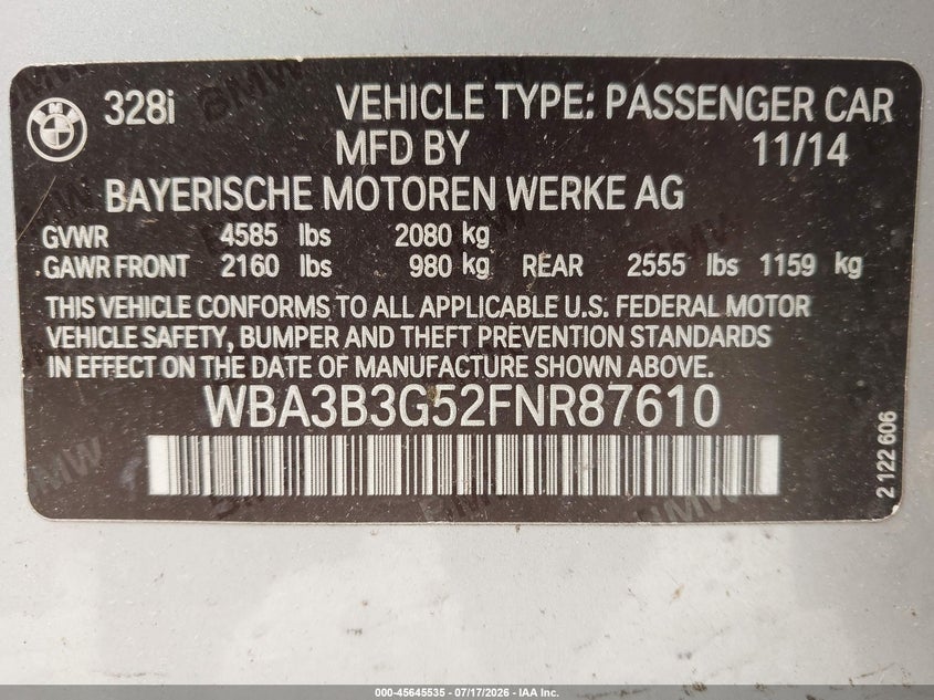 2015 BMW 3er VIN WBA3B3G52FNR87610 IAAI salvage auction — NORMAL WEAR, Salvage Title, sold $325 on 2026-07-28 (photo 9)