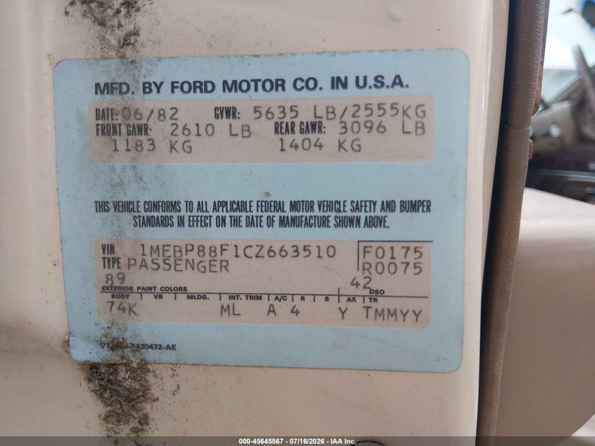 1982 Mercury Grand marquis VIN 1MEBP88F1CZ663510 IAAI salvage auction — NORMAL WEAR, Clear (Missouri), sold $575 on 2026-07-28 (photo 9)