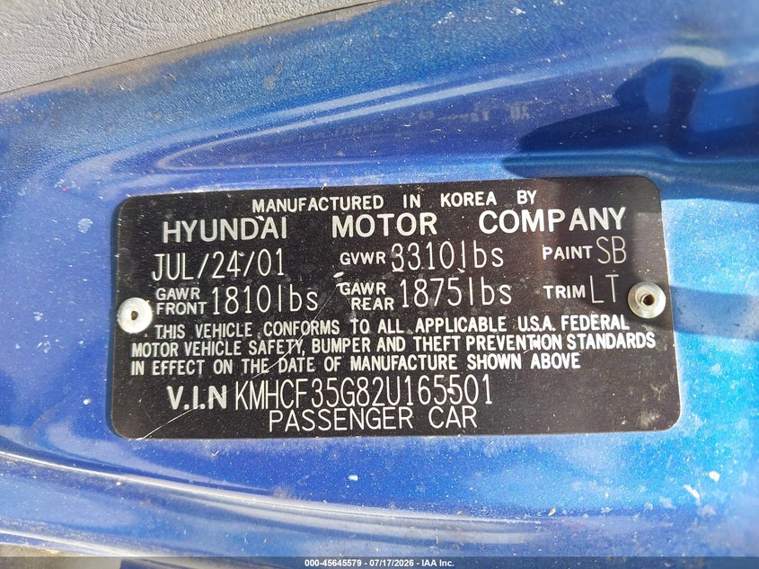 2002 Hyundai Accent VIN KMHCF35G82U165501 IAAI salvage auction — NORMAL WEAR, Clear (Florida), sold $275 on 2026-07-30 (photo 9)
