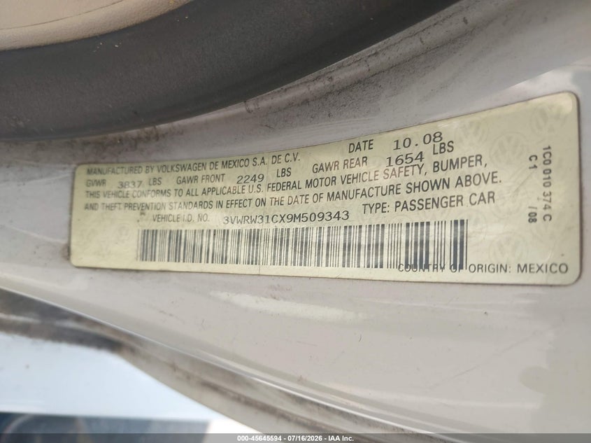 2009 Volkswagen Beetle VIN 3VWRW31CX9M509343 IAAI salvage auction — NORMAL WEAR, Clear (North Carolina), sold $250 on 2026-07-23 (photo 9)