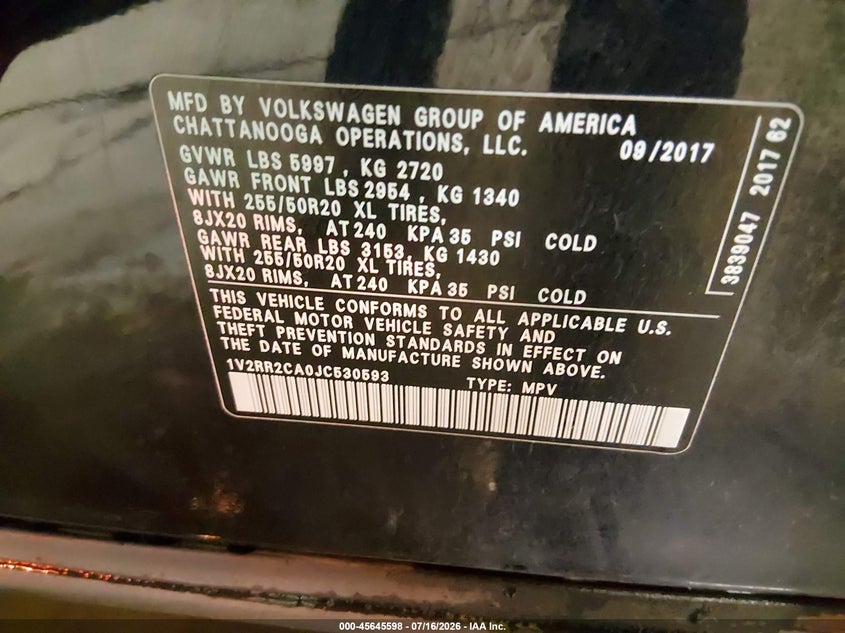 2018 Volkswagen Atlas VIN 1V2RR2CA0JC530593 IAAI salvage auction — RIGHT REAR, Salvage Title, sold $3,850 on 2026-08-07 (photo 9)