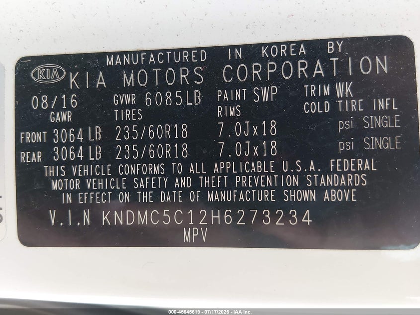 2017 Kia SEDONA VIN KNDMC5C12H6273234 IAAI salvage auction — NORMAL WEAR, Clear (Florida), sold $1,600 on 2026-07-28 (photo 9)