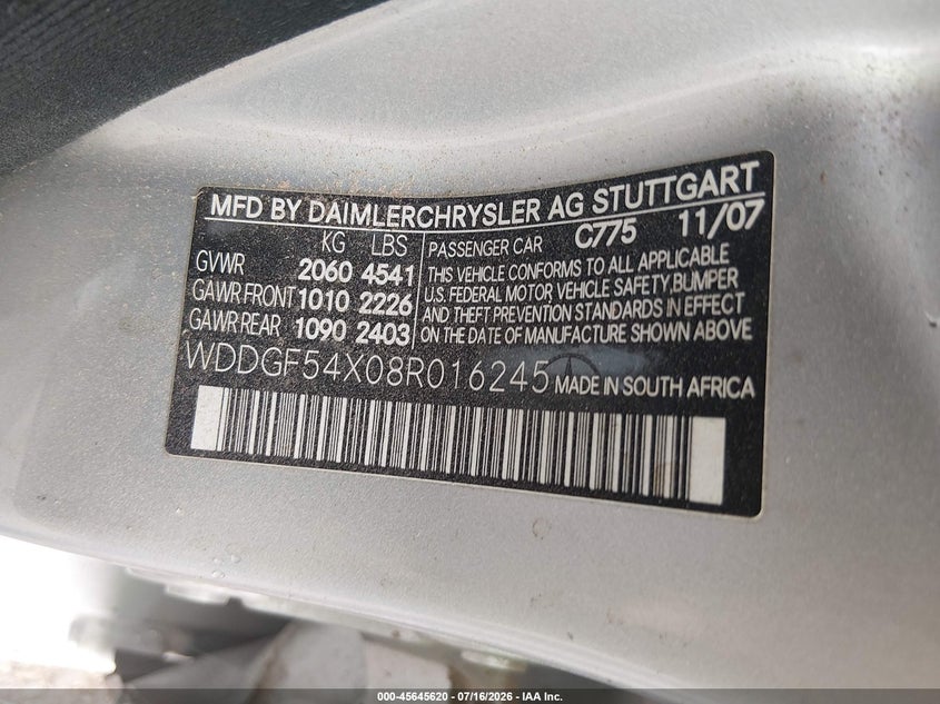 2008 Mercedes-benz C class VIN WDDGF54X08R016245 IAAI salvage auction — BIOHAZARD/CHEMICAL, Salvage (Arizona), sold $100 on 2026-08-06 (photo 9)